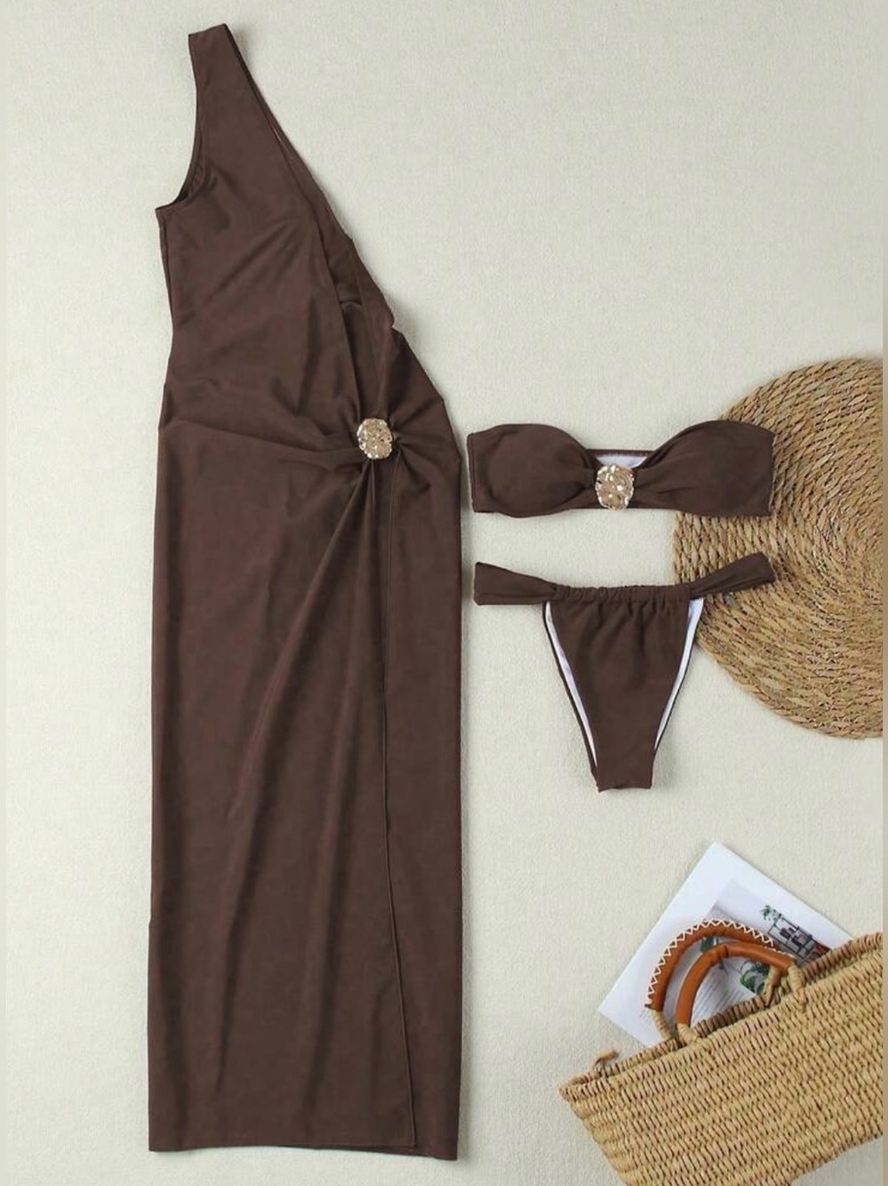 One-Shoulder Cutout Maxi Dress Swim Cover Up with Gold Accent - Brown - Picture 6 of 10